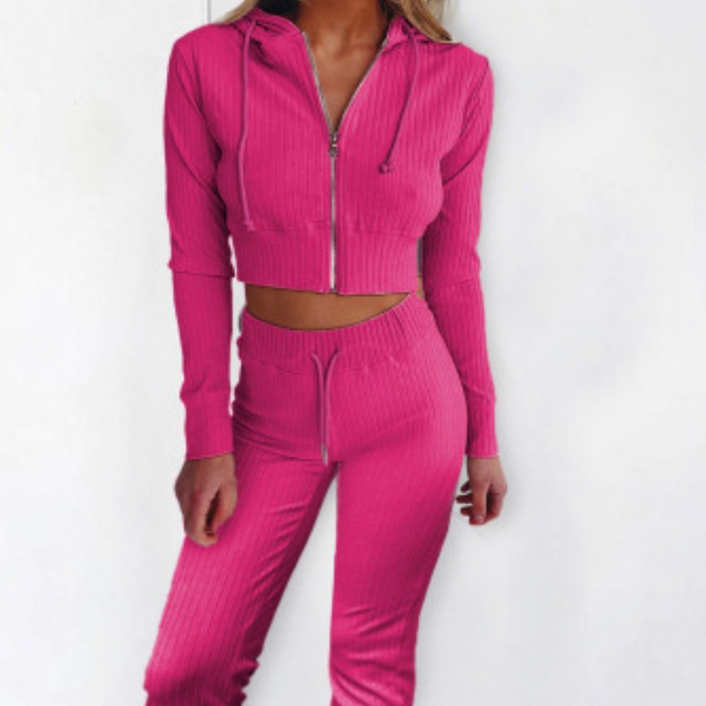 Pink ribbed knit cropped hoodie and jogger two piece set size 2XL